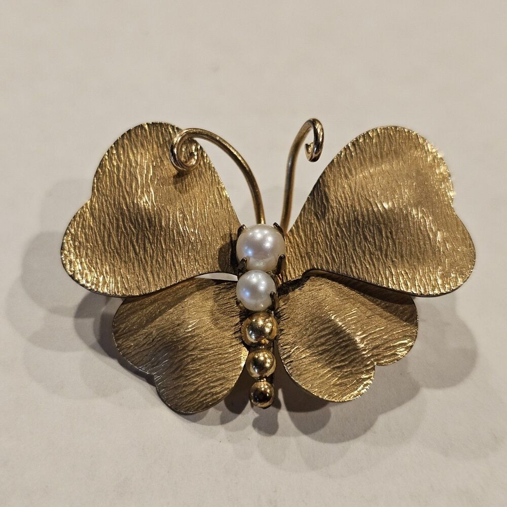 Vintage Binder Brothers 1/20 12kt Gold Filled Butterfly Brooch Pin With Pearls